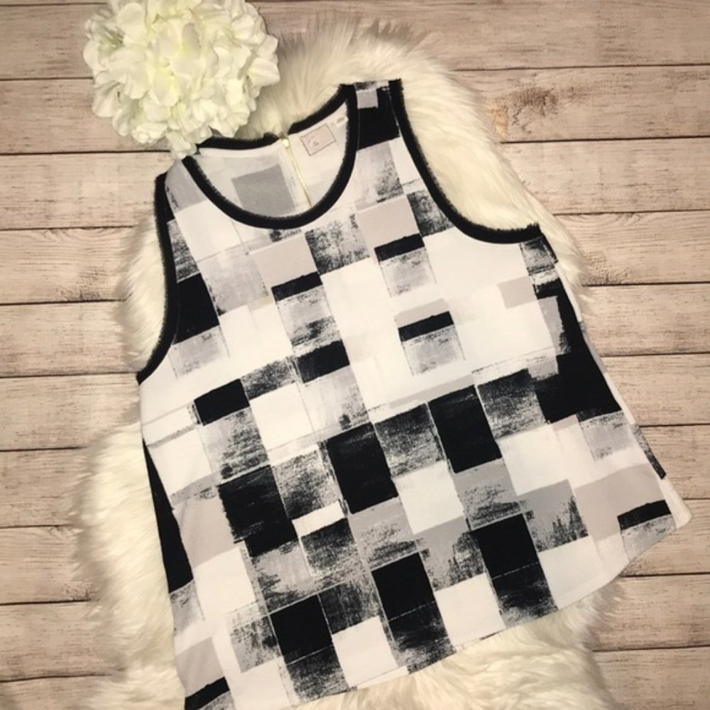 Anthropologie Black White Gray Abstract Check Tank Top